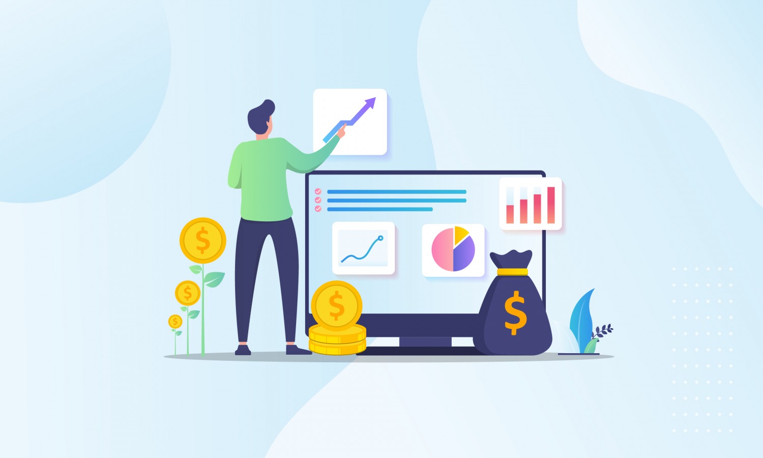 ROI illustration with man in front of graph and money icons